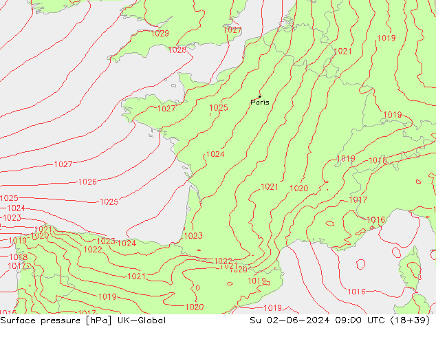 Atmosférický tlak UK-Global Ne 02.06.2024 09 UTC