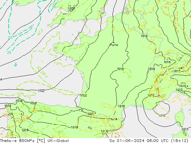 Theta-e 850гПа UK-Global сб 01.06.2024 06 UTC