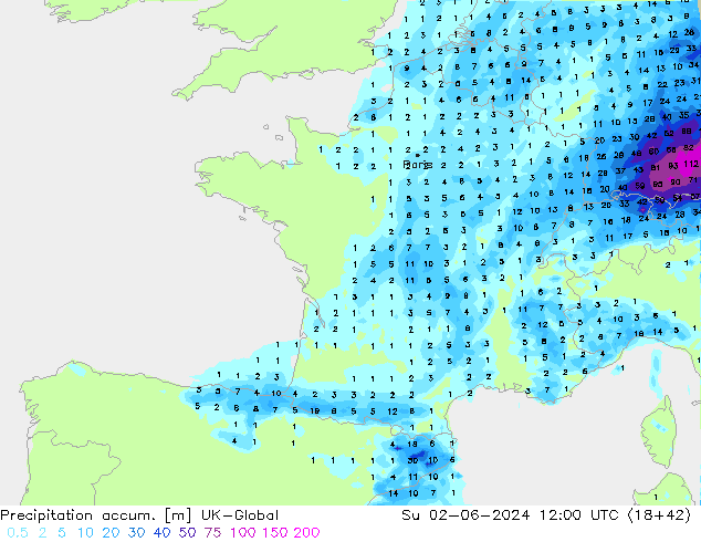 Précipitation accum. UK-Global dim 02.06.2024 12 UTC