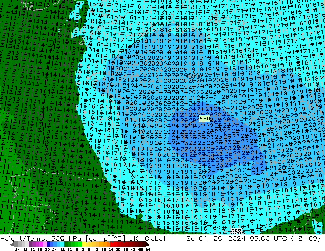 Geop./Temp. 500 hPa UK-Global sáb 01.06.2024 03 UTC