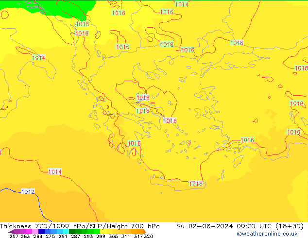Dikte700-1000 hPa UK-Global zo 02.06.2024 00 UTC