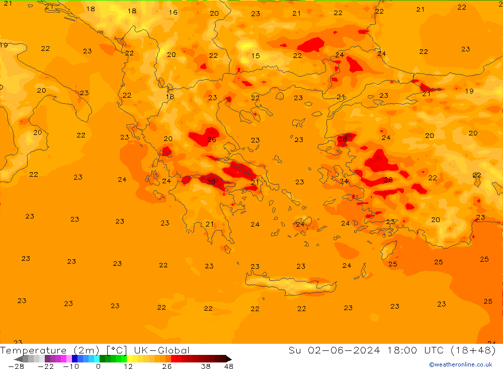 Temperature (2m) UK-Global Su 02.06.2024 18 UTC
