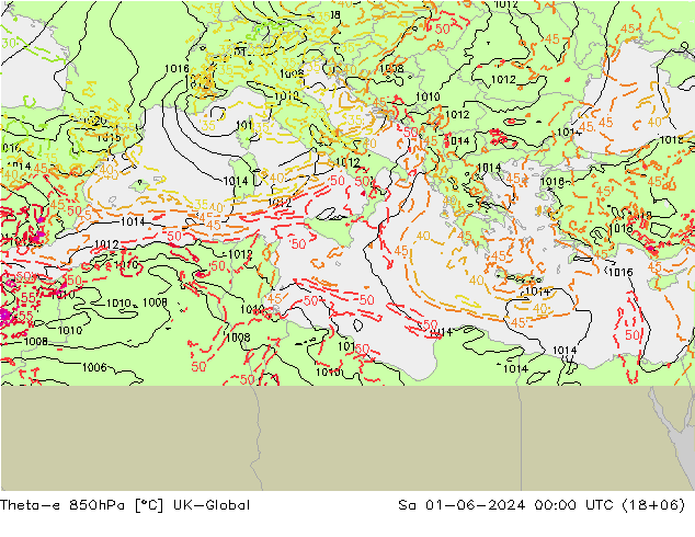 Theta-e 850гПа UK-Global сб 01.06.2024 00 UTC