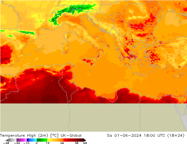 Max.temperatuur (2m) UK-Global za 01.06.2024 18 UTC