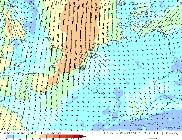 Bodenwind (bft) UK-Global Fr 31.05.2024 21 UTC