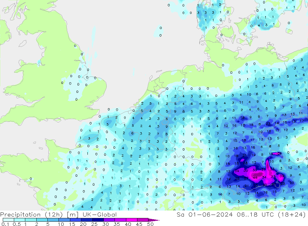 Precipitation (12h) UK-Global Sa 01.06.2024 18 UTC