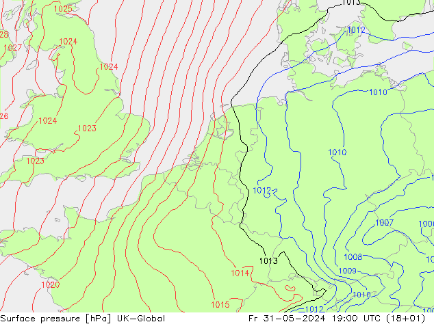 Surface pressure UK-Global Fr 31.05.2024 19 UTC