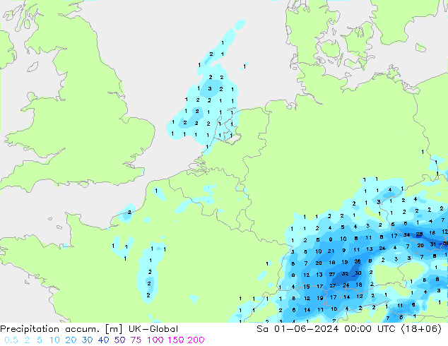 Precipitation accum. UK-Global Sáb 01.06.2024 00 UTC