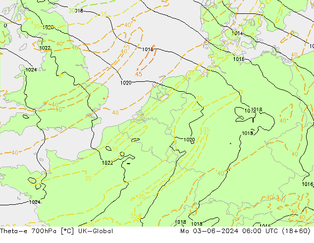 Theta-e 700hPa UK-Global Mo 03.06.2024 06 UTC