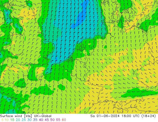 Vento 10 m UK-Global Sáb 01.06.2024 18 UTC