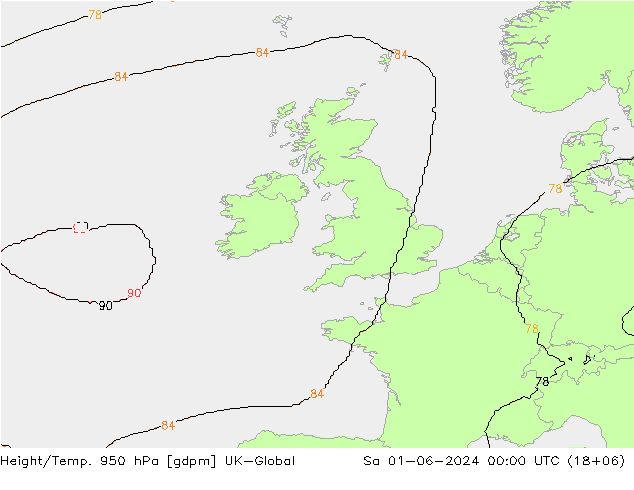 Height/Temp. 950 hPa UK-Global Sáb 01.06.2024 00 UTC
