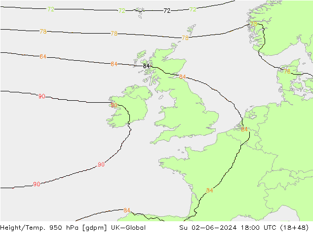 Height/Temp. 950 hPa UK-Global Dom 02.06.2024 18 UTC