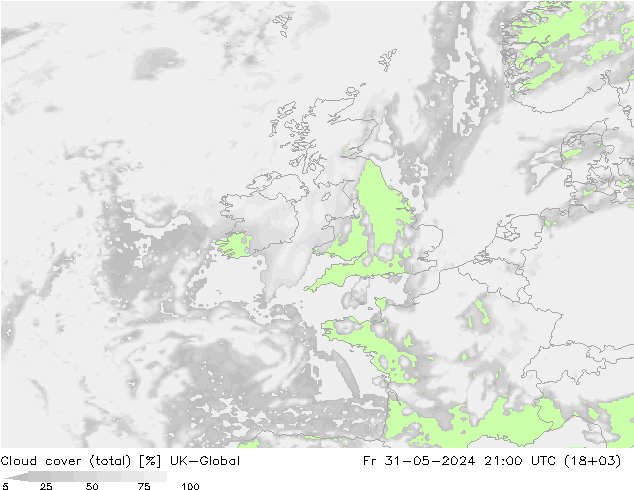 Bewolking (Totaal) UK-Global vr 31.05.2024 21 UTC