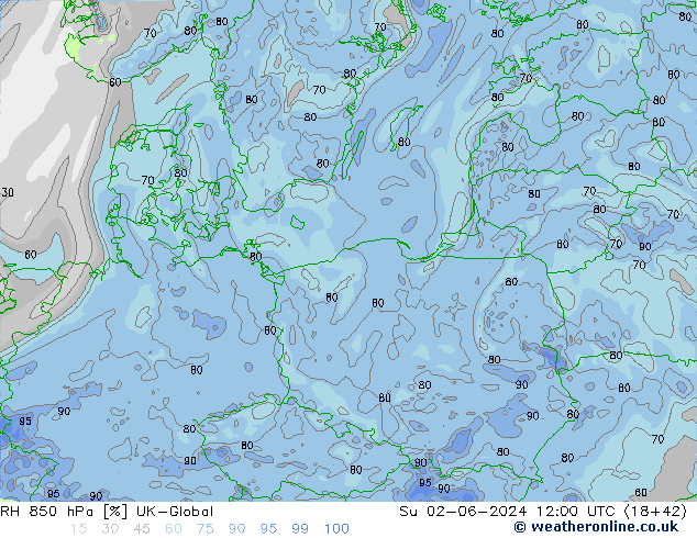 Humidité rel. 850 hPa UK-Global dim 02.06.2024 12 UTC