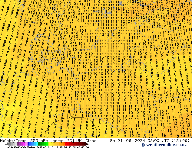 Height/Temp. 850 hPa UK-Global  01.06.2024 03 UTC