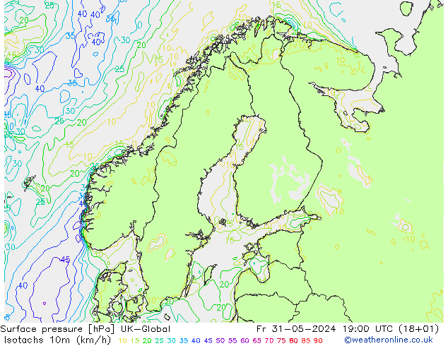 Isotachs (kph) UK-Global Fr 31.05.2024 19 UTC