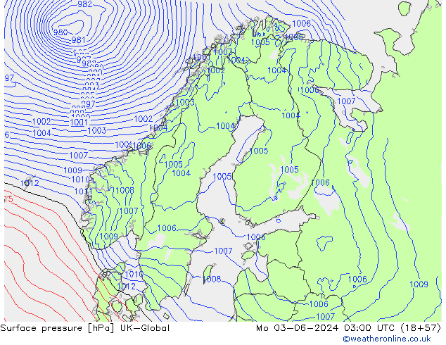 Atmosférický tlak UK-Global Po 03.06.2024 03 UTC