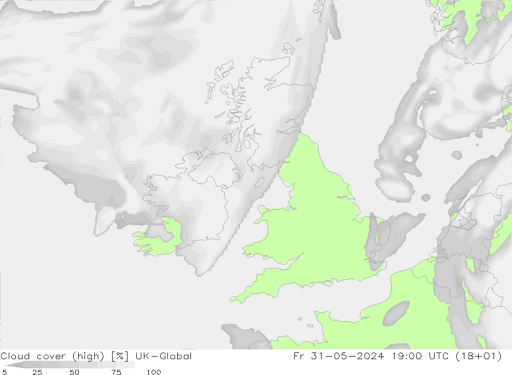 Cloud cover (high) UK-Global Fr 31.05.2024 19 UTC