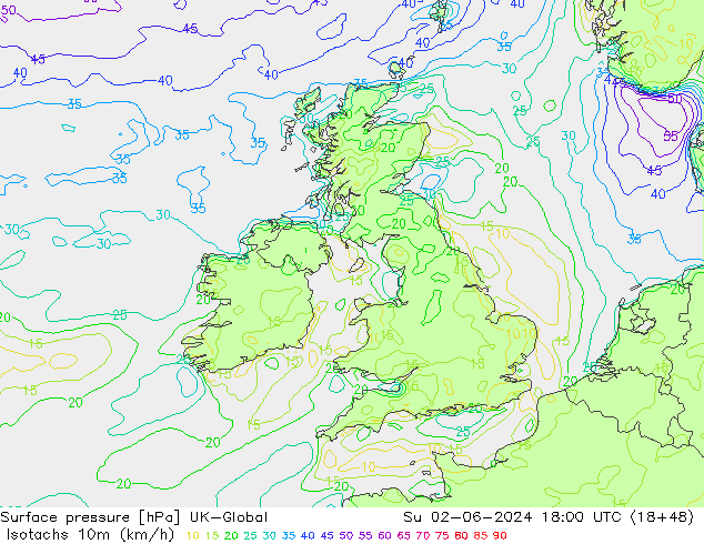 Isotachs (kph) UK-Global Ne 02.06.2024 18 UTC