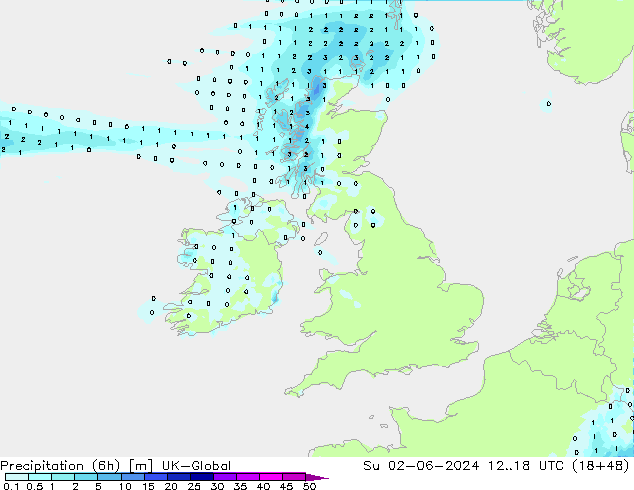 Precipitation (6h) UK-Global Su 02.06.2024 18 UTC