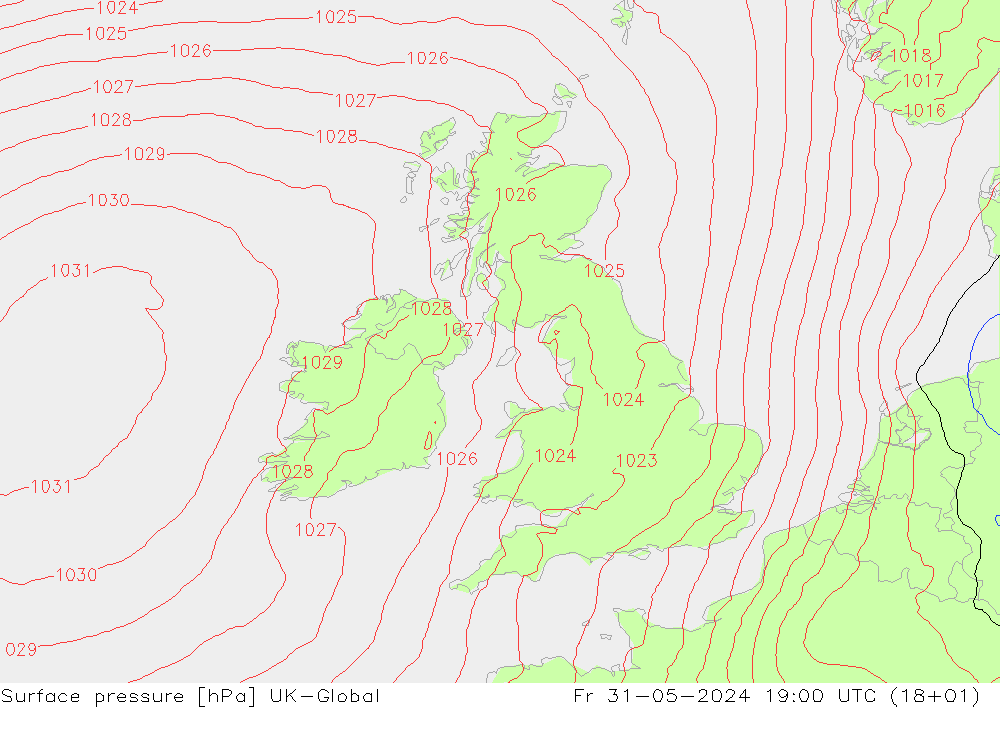 Atmosférický tlak UK-Global Pá 31.05.2024 19 UTC