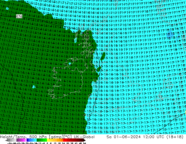 Yükseklik/Sıc. 500 hPa UK-Global Cts 01.06.2024 12 UTC