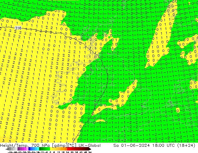Height/Temp. 700 hPa UK-Global  01.06.2024 18 UTC