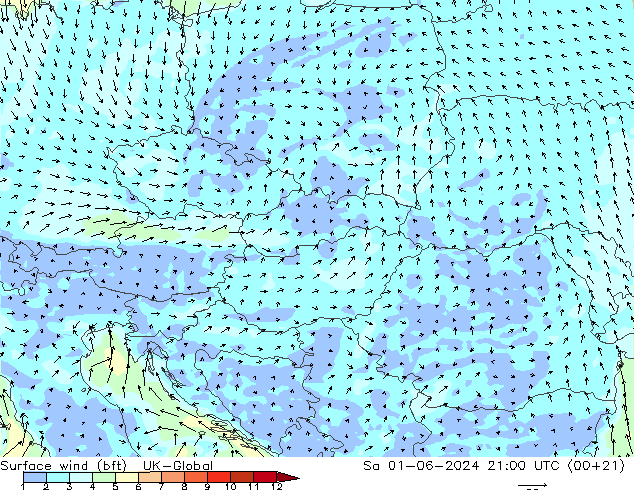 Surface wind (bft) UK-Global Sa 01.06.2024 21 UTC