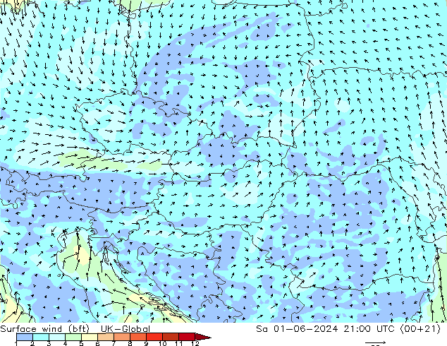 Wind 10 m (bft) UK-Global za 01.06.2024 21 UTC