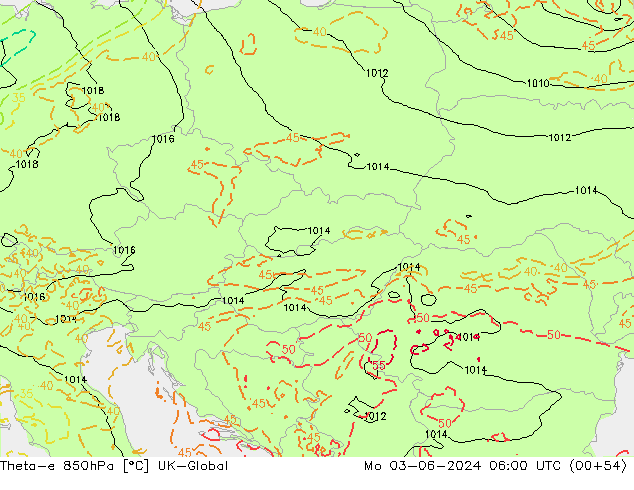 Theta-e 850hPa UK-Global Mo 03.06.2024 06 UTC