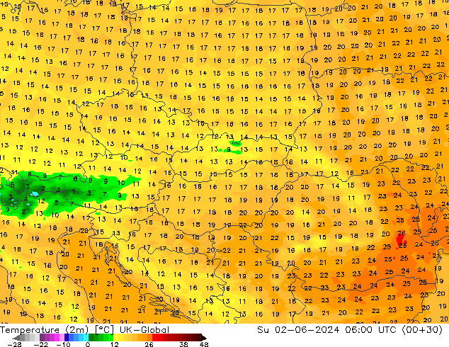 Temperaturkarte (2m) UK-Global So 02.06.2024 06 UTC