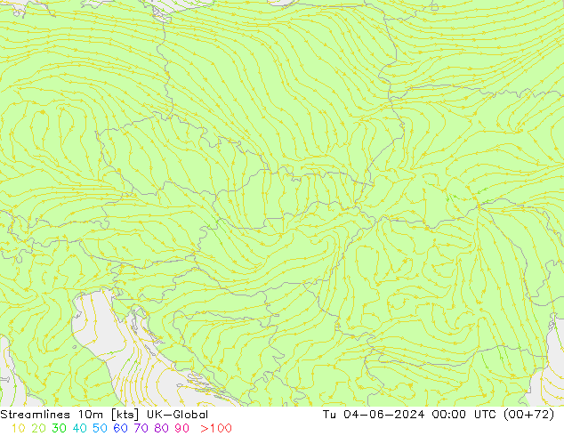 Streamlines 10m UK-Global Út 04.06.2024 00 UTC