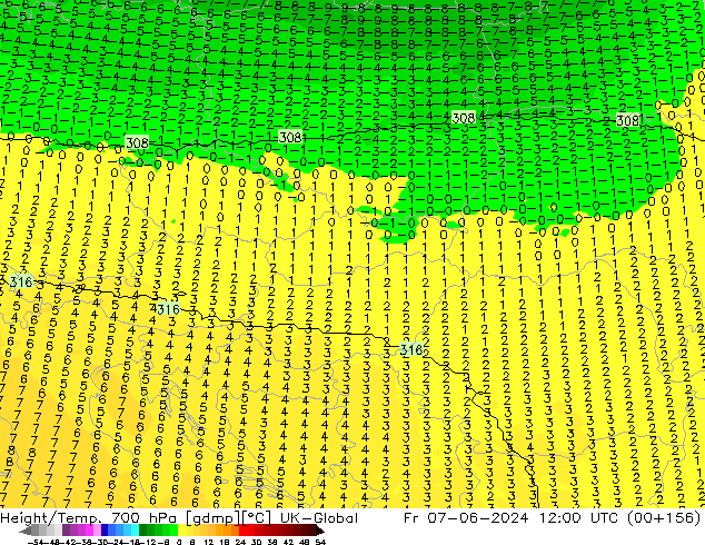 Height/Temp. 700 hPa UK-Global Fr 07.06.2024 12 UTC