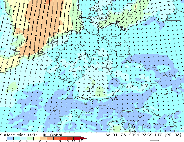 Vent 10 m (bft) UK-Global sam 01.06.2024 03 UTC