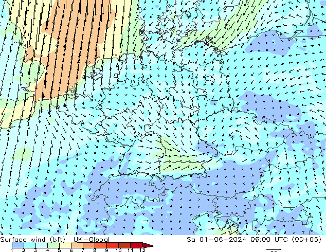 Vent 10 m (bft) UK-Global sam 01.06.2024 06 UTC