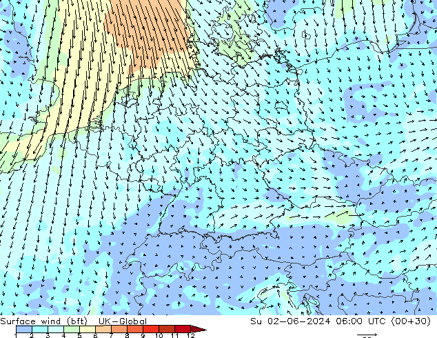 Vent 10 m (bft) UK-Global dim 02.06.2024 06 UTC