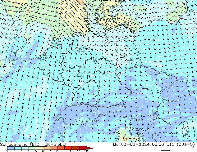 Wind 10 m (bft) UK-Global ma 03.06.2024 00 UTC