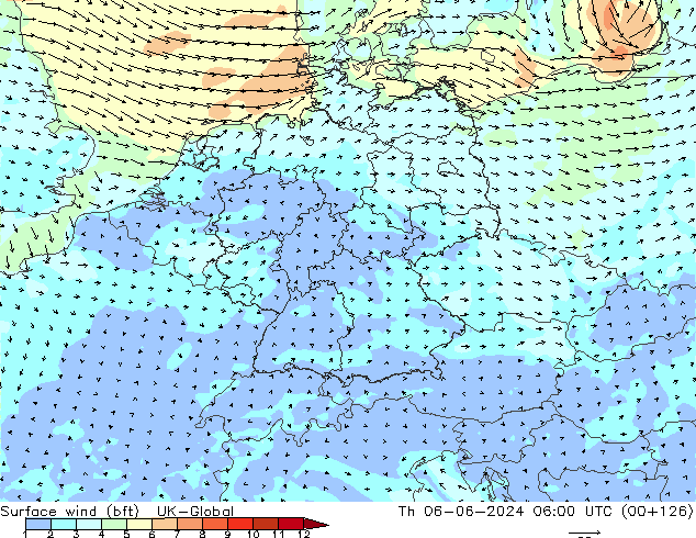 Surface wind (bft) UK-Global Th 06.06.2024 06 UTC