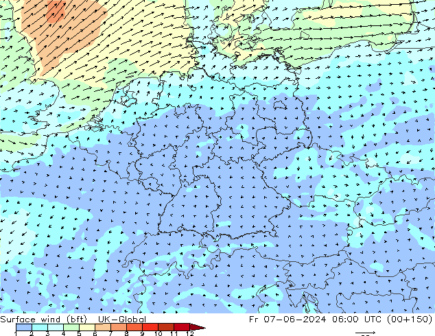 Surface wind (bft) UK-Global Pá 07.06.2024 06 UTC
