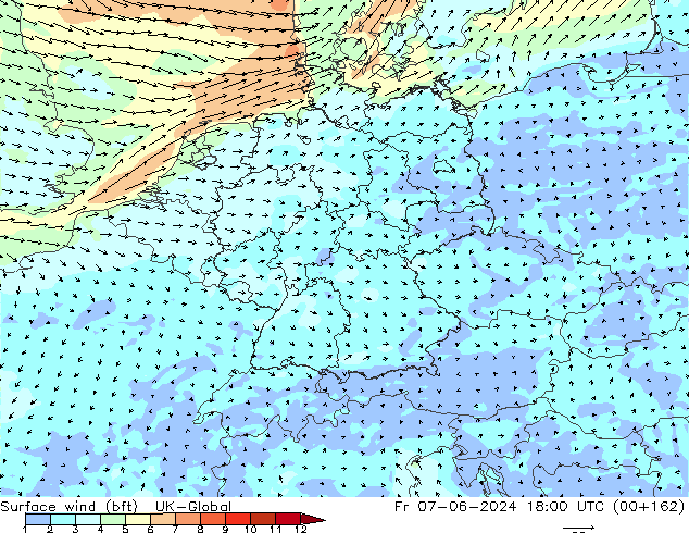 Surface wind (bft) UK-Global Fr 07.06.2024 18 UTC