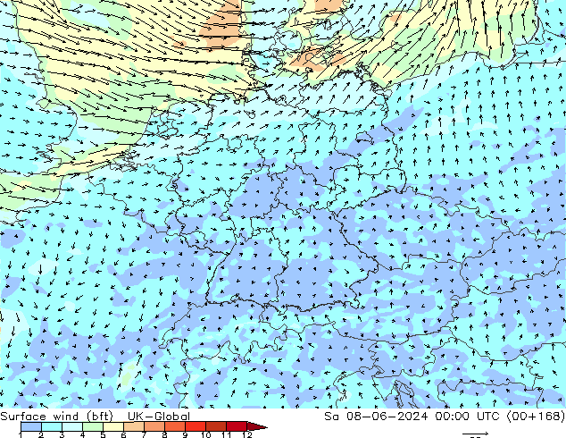Rüzgar 10 m (bft) UK-Global Cts 08.06.2024 00 UTC