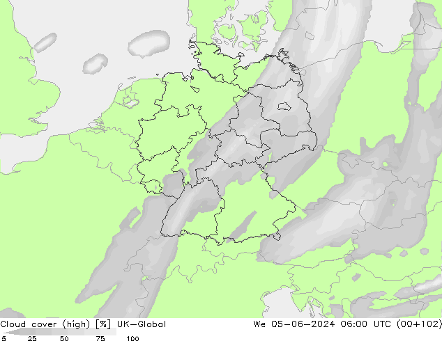 Cloud cover (high) UK-Global We 05.06.2024 06 UTC