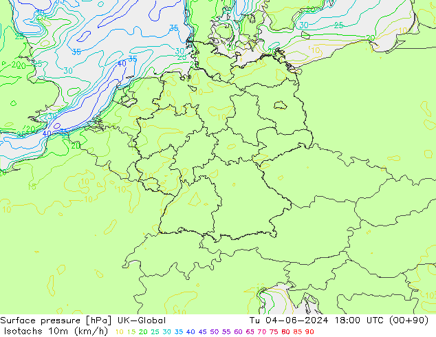 Isotachs (kph) UK-Global Tu 04.06.2024 18 UTC