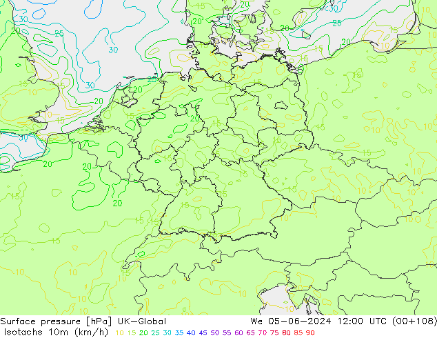 Isotachs (kph) UK-Global mer 05.06.2024 12 UTC