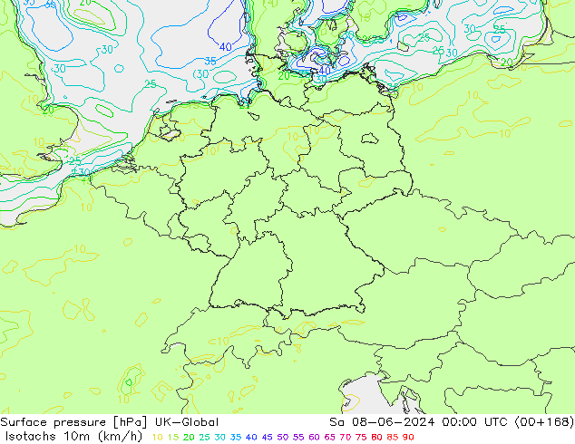 Isotachen (km/h) UK-Global za 08.06.2024 00 UTC