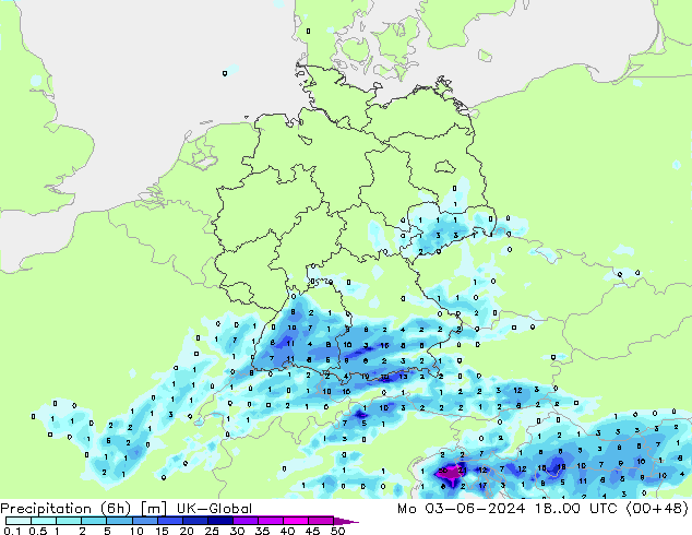 Precipitation (6h) UK-Global Po 03.06.2024 00 UTC