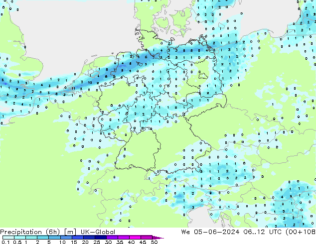 Precipitation (6h) UK-Global We 05.06.2024 12 UTC