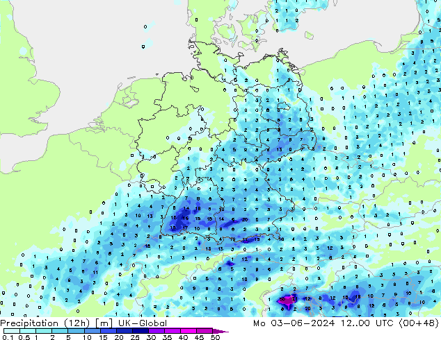 Precipitation (12h) UK-Global Mo 03.06.2024 00 UTC