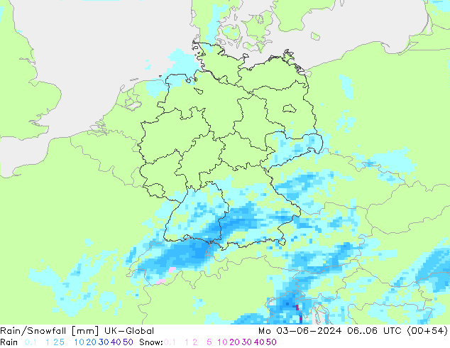 Rain/Snowfall UK-Global Pzt 03.06.2024 06 UTC