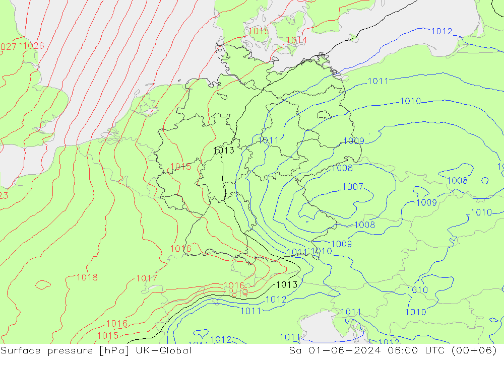 Pressione al suolo UK-Global sab 01.06.2024 06 UTC
